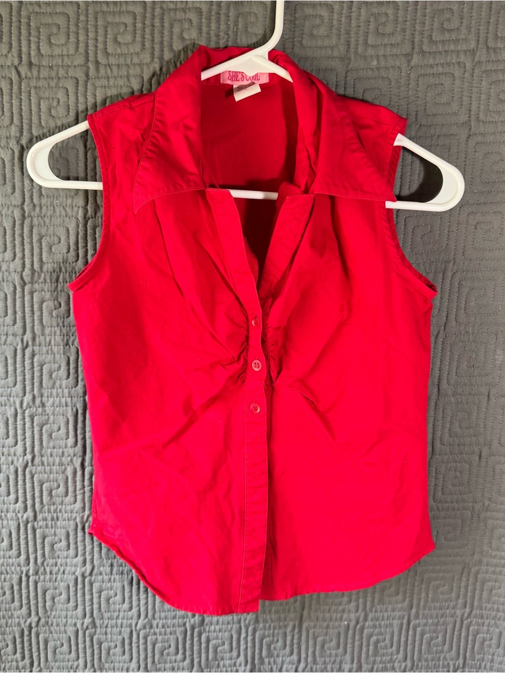 Shes Cool Red Sleeveless Button Up Shirt Blouse Womens Large Ruched Front Cotton